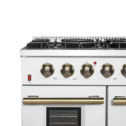 FORNO Galiano 48-inch Gas Range White & Antique Brass Design, 8 Burners, 107,000 BTU, Griddle, 6.58 cu.ft. Double Ovens - Forno Appliances