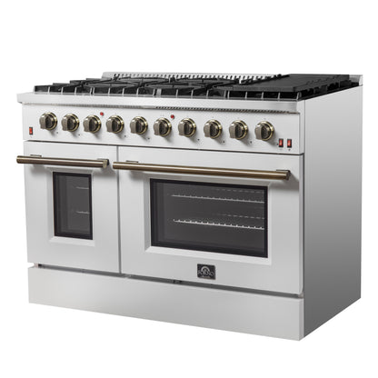 FORNO Galiano 48-inch Gas Range White & Antique Brass Design, 8 Burners, 107,000 BTU, Griddle, 6.58 cu.ft. Double Ovens - Forno Appliances