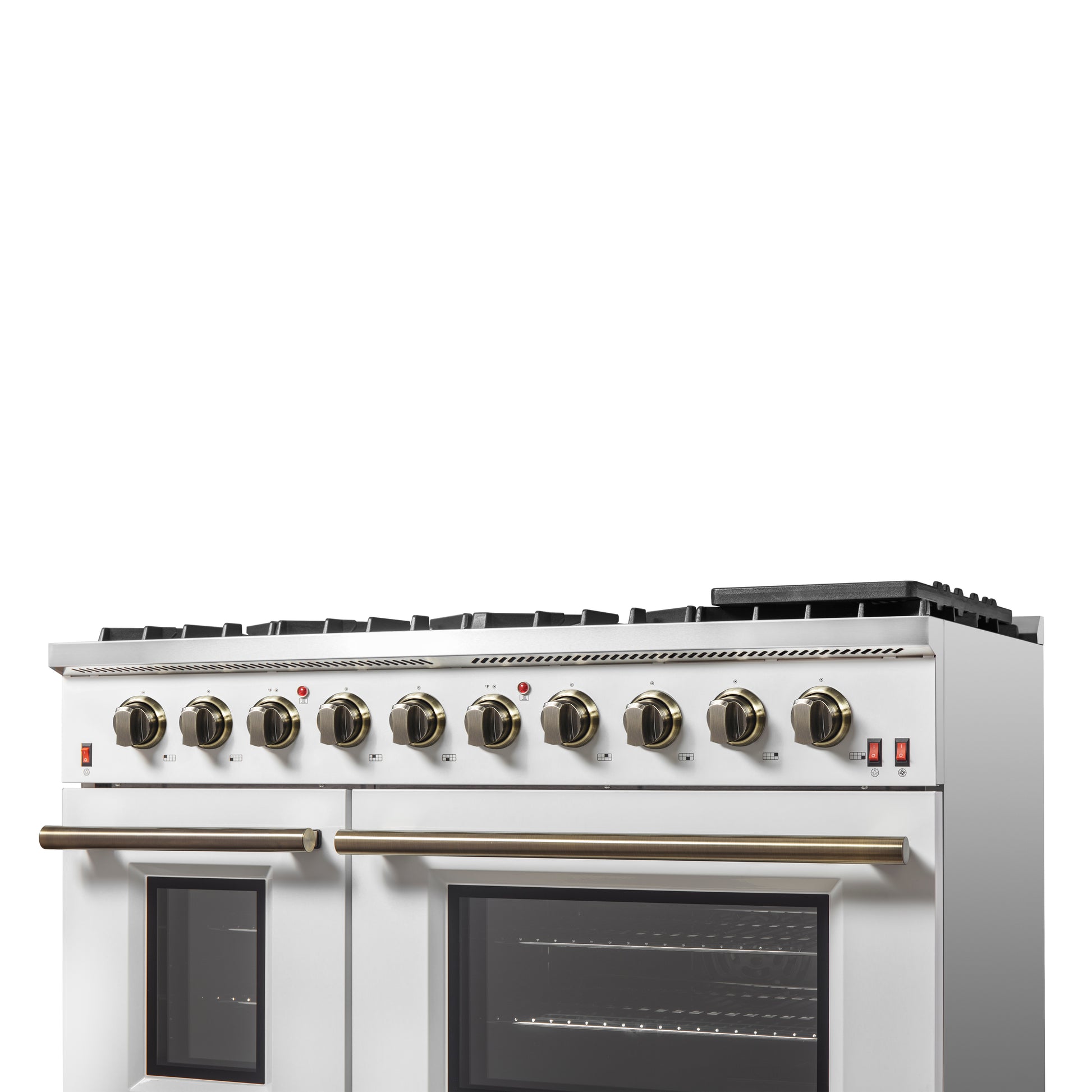FORNO Galiano 48-inch Gas Range White & Antique Brass Design, 8 Burners, 107,000 BTU, Griddle, 6.58 cu.ft. Double Ovens - Forno Appliances