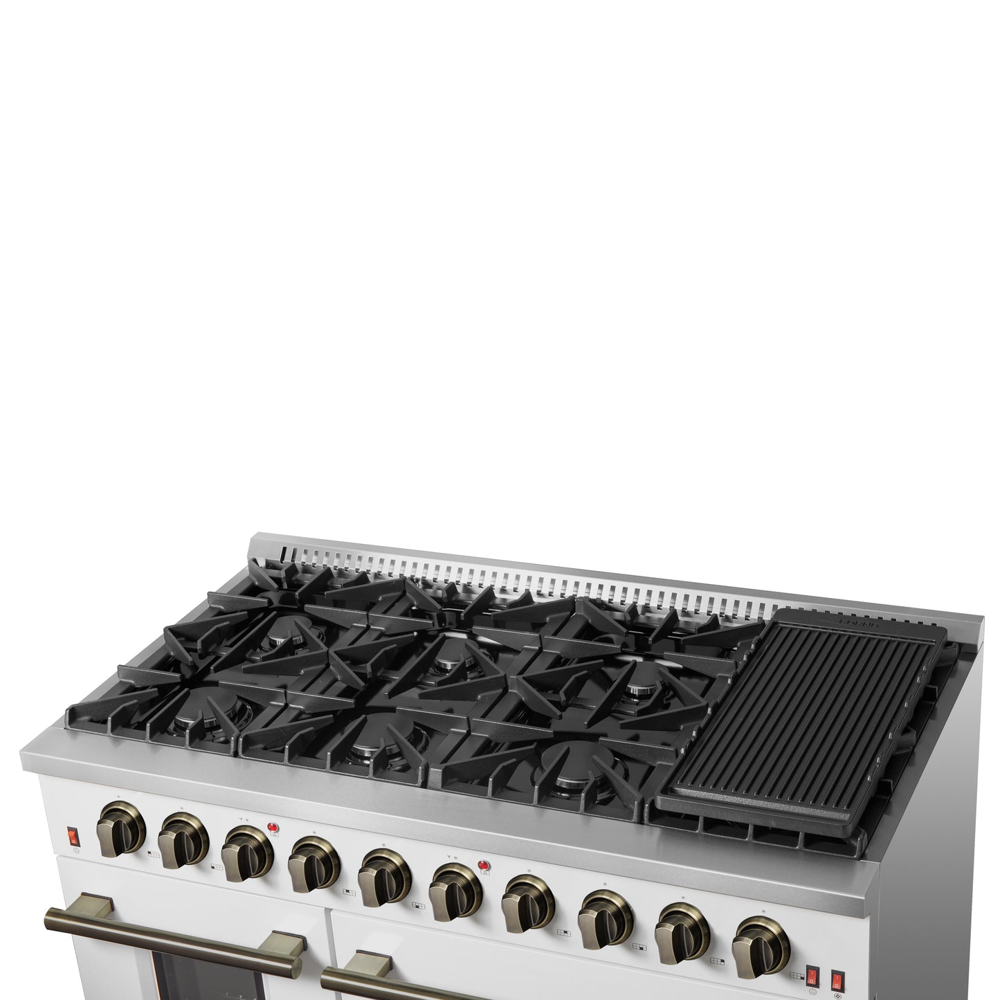 FORNO Galiano 48-inch Gas Range White & Antique Brass Design, 8 Burners, 107,000 BTU, Griddle, 6.58 cu.ft. Double Ovens - Forno Appliances