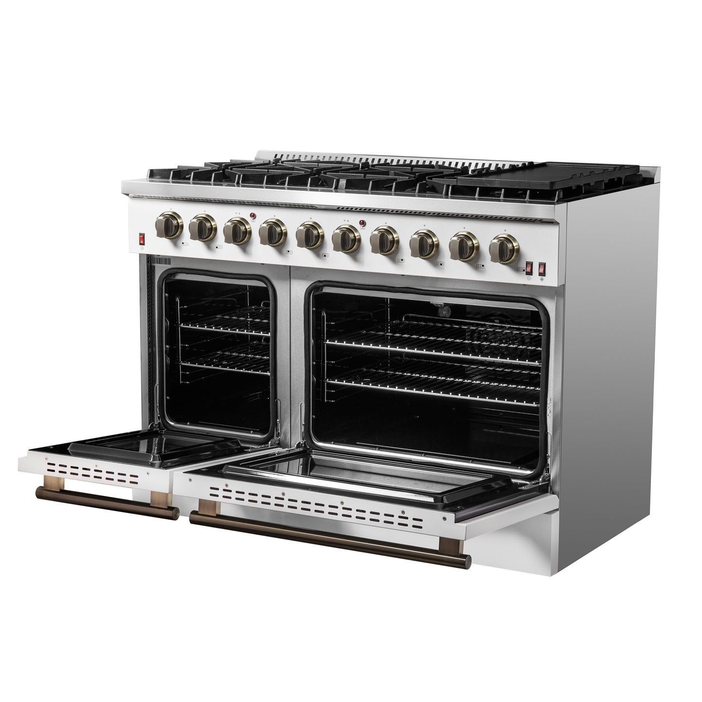 FORNO Galiano 48-inch Gas Range White & Antique Brass Design, 8 Burners, 107,000 BTU, Griddle, 6.58 cu.ft. Double Ovens - Forno Appliances
