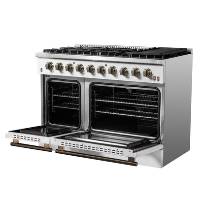 FORNO Galiano 48-inch Gas Range White & Antique Brass Design, 8 Burners, 107,000 BTU, Griddle, 6.58 cu.ft. Double Ovens - Forno Appliances