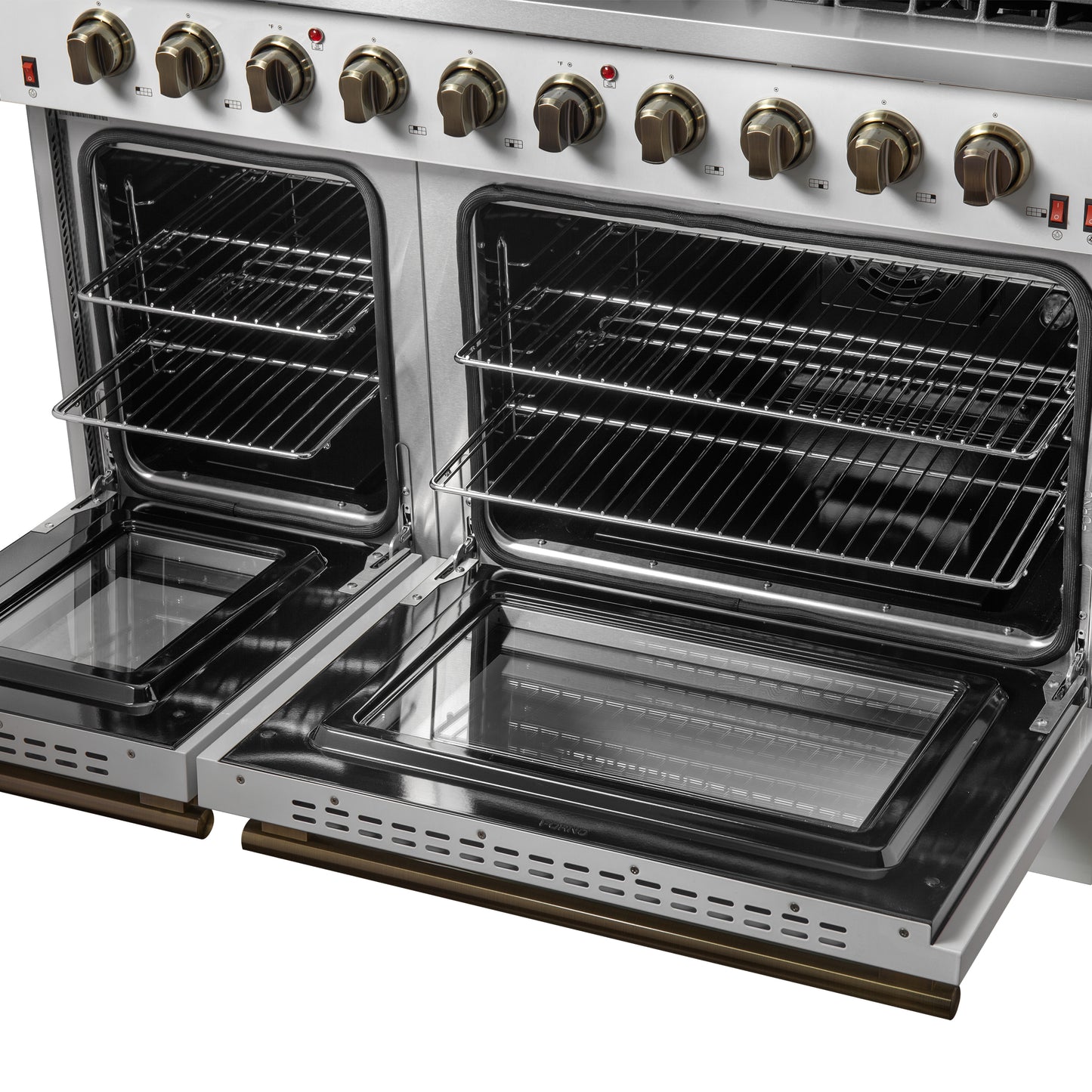 FORNO Galiano 48-inch Gas Range White & Antique Brass Design, 8 Burners, 107,000 BTU, Griddle, 6.58 cu.ft. Double Ovens - Forno Appliances