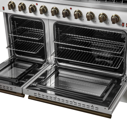 FORNO Galiano 48-inch Gas Range White & Antique Brass Design, 8 Burners, 107,000 BTU, Griddle, 6.58 cu.ft. Double Ovens - Forno Appliances