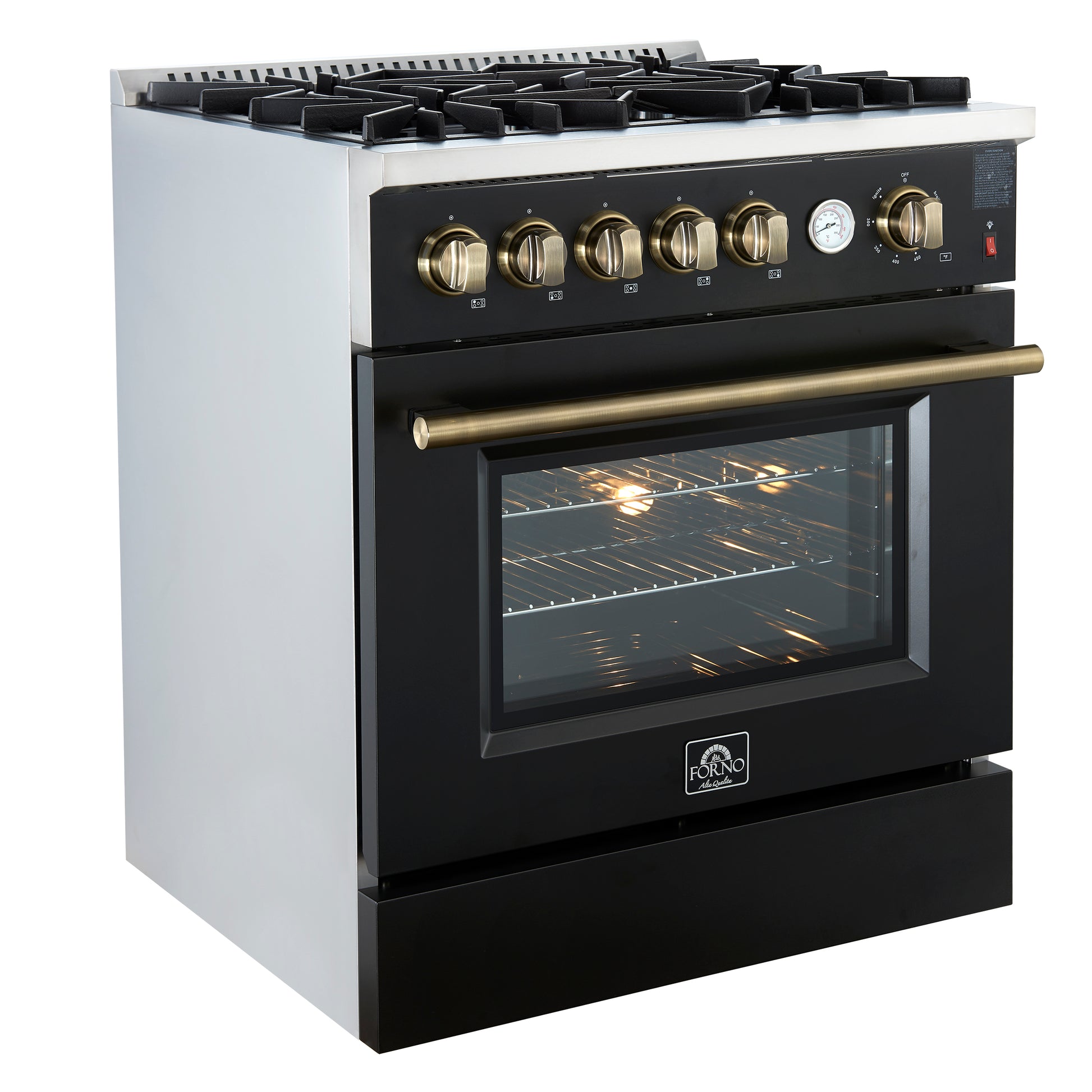 Giovanni 30-inch Gas Range Black & Antique Brass Design, 5 Burners 67,000 BTU, 4.32 cu.ft. Convection Oven - Forno Appliances