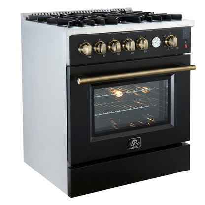 Giovanni 30-inch Gas Range Black & Antique Brass Design, 5 Burners 67,000 BTU, 4.32 cu.ft. Convection Oven - Forno Appliances