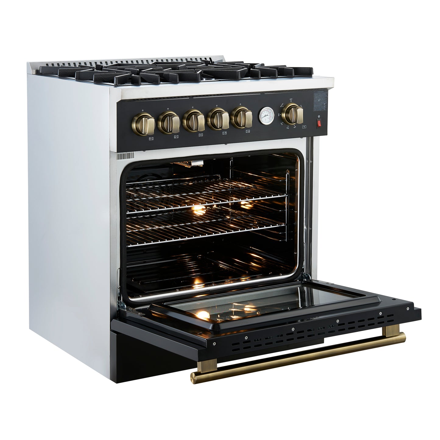 Giovanni 30-inch Gas Range Black & Antique Brass Design, 5 Burners 67,000 BTU, 4.32 cu.ft. Convection Oven - Forno Appliances