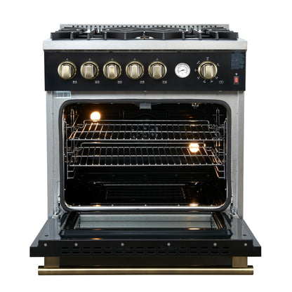 Giovanni 30-inch Gas Range Black & Antique Brass Design, 5 Burners 67,000 BTU, 4.32 cu.ft. Convection Oven - Forno Appliances
