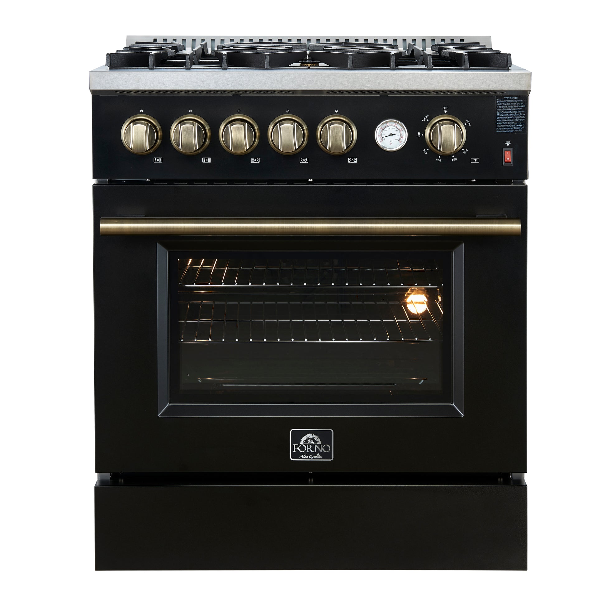 Giovanni 30-inch Gas Range Black & Antique Brass Design, 5 Burners 67,000 BTU, 4.32 cu.ft. Convection Oven - Forno Appliances