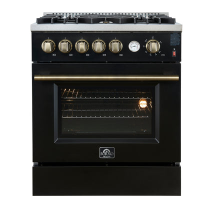 Giovanni 30-inch Gas Range Black & Antique Brass Design, 5 Burners 67,000 BTU, 4.32 cu.ft. Convection Oven - Forno Appliances