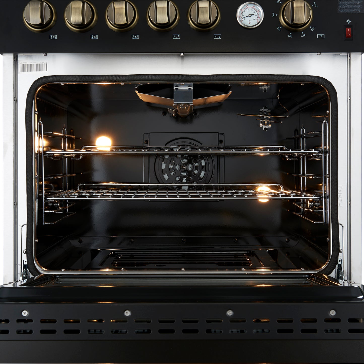 Giovanni 30-inch Gas Range Black & Antique Brass Design, 5 Burners 67,000 BTU, 4.32 cu.ft. Convection Oven - Forno Appliances