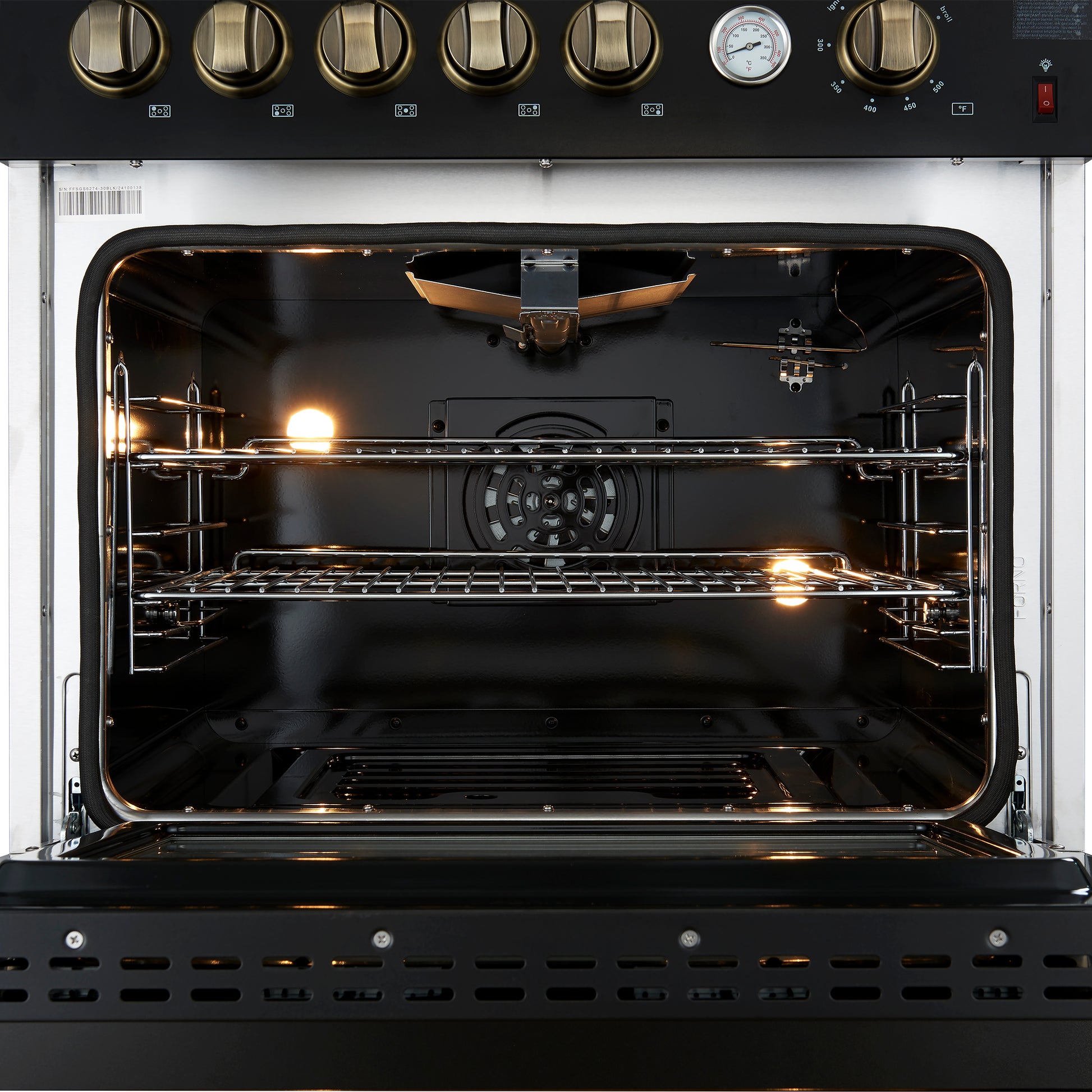 Giovanni 30-inch Gas Range Black & Antique Brass Design, 5 Burners 67,000 BTU, 4.32 cu.ft. Convection Oven - Forno Appliances