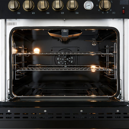 Giovanni 30-inch Gas Range Black & Antique Brass Design, 5 Burners 67,000 BTU, 4.32 cu.ft. Convection Oven - Forno Appliances