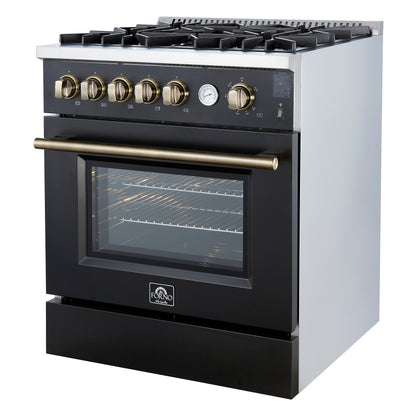 Giovanni 30-inch Gas Range Black & Antique Brass Design, 5 Burners 67,000 BTU, 4.32 cu.ft. Convection Oven - Forno Appliances