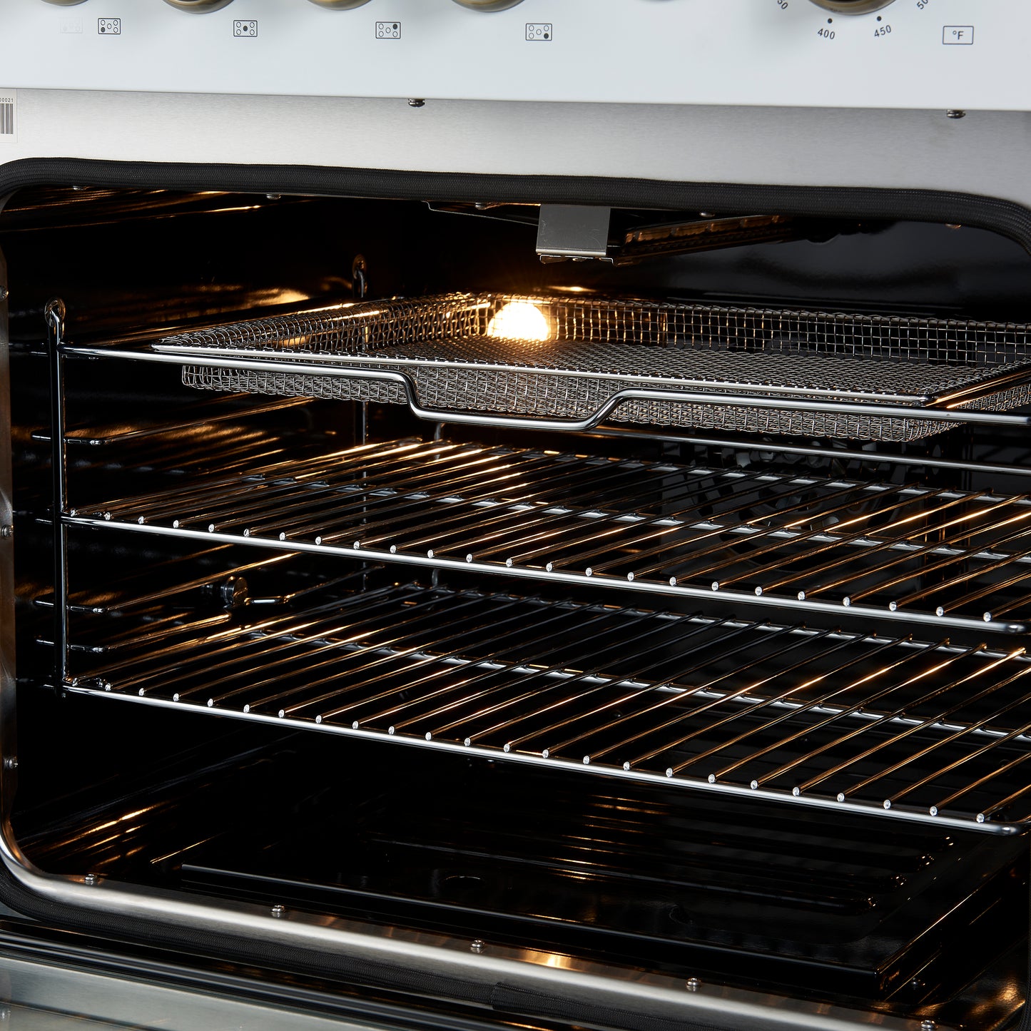 Giovanni 30-inch Gas Range White & Antique Brass Design, 5 Burners 67,000 BTU, 4.32 cu.ft. Convection Oven - Forno Appliances