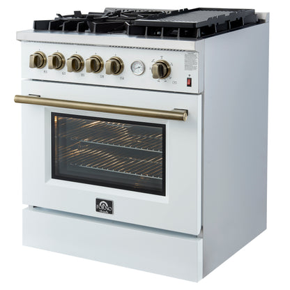 Giovanni 30-inch Gas Range White & Antique Brass Design, 5 Burners 67,000 BTU, 4.32 cu.ft. Convection Oven - Forno Appliances