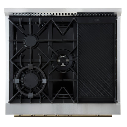 Giovanni 30-inch Gas Range White & Antique Brass Design, 5 Burners 67,000 BTU, 4.32 cu.ft. Convection Oven - Forno Appliances
