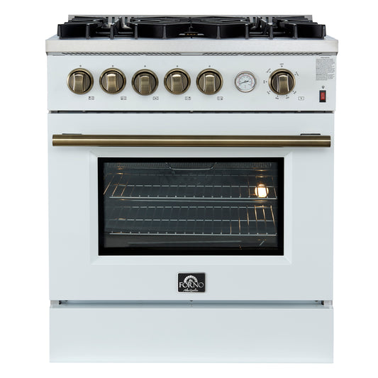 Giovanni 30-inch Gas Range White & Antique Brass Design, 5 Burners 67,000 BTU, 4.32 cu.ft. Convection Oven - Forno Appliances