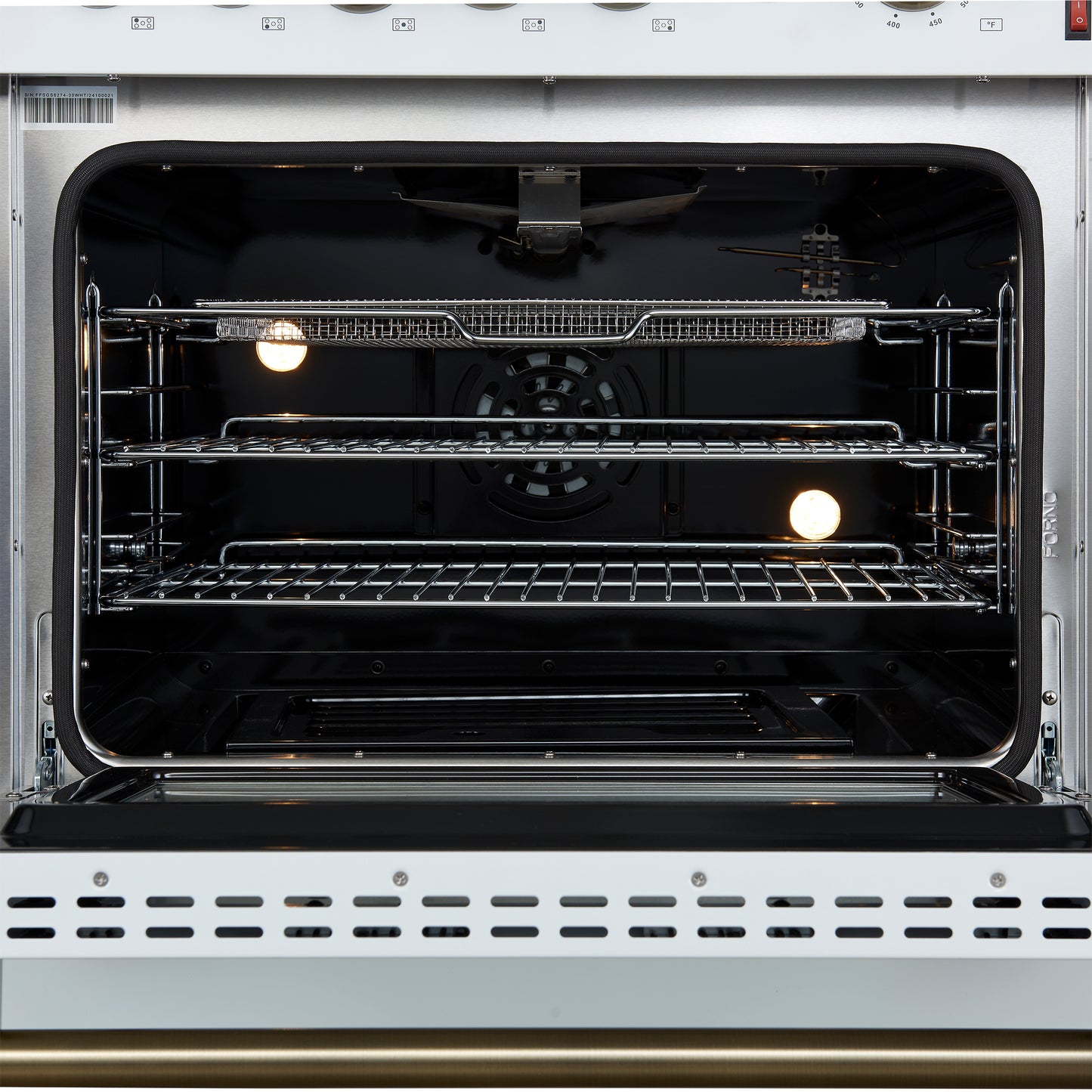Giovanni 30-inch Gas Range White & Antique Brass Design, 5 Burners 67,000 BTU, 4.32 cu.ft. Convection Oven - Forno Appliances