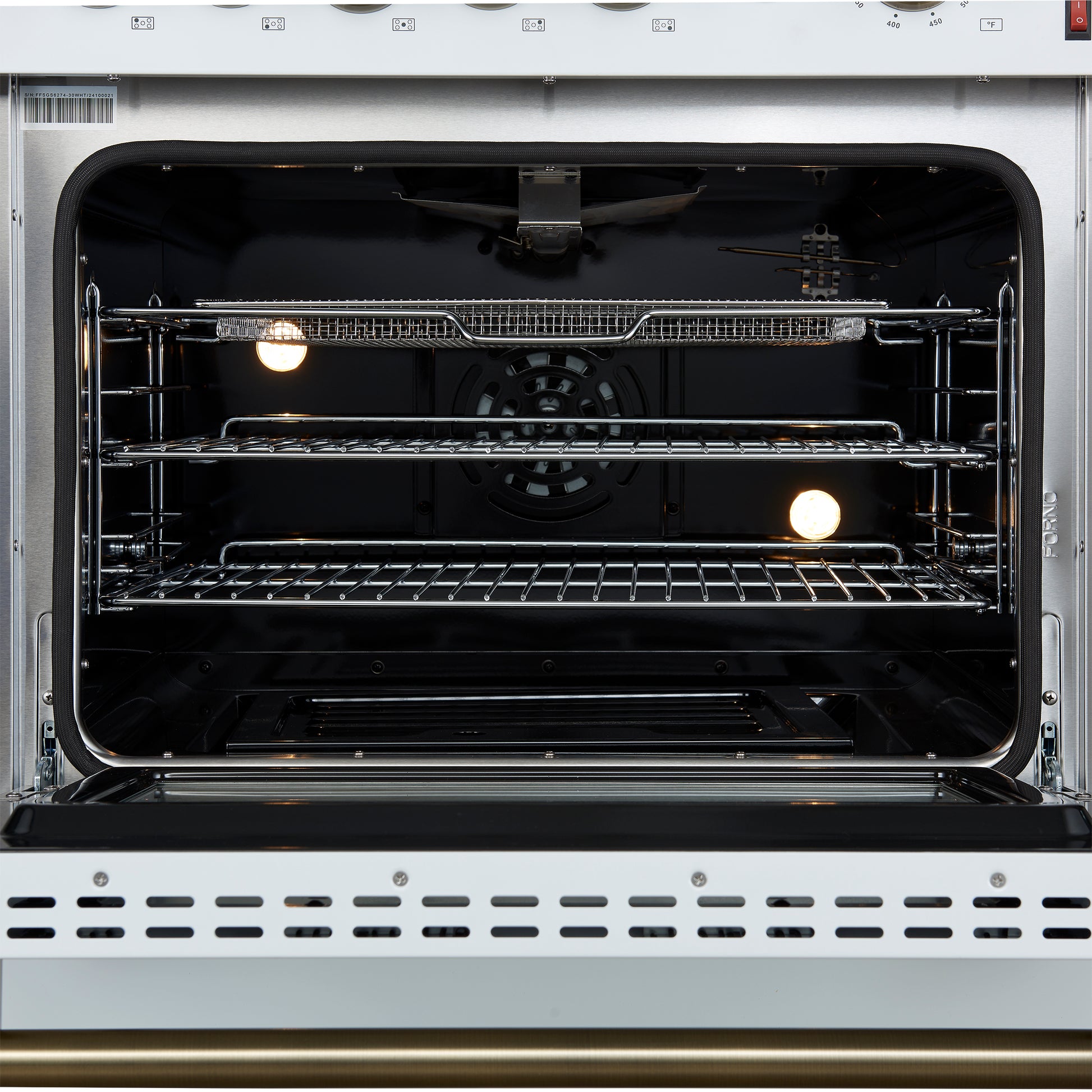 Giovanni 30-inch Gas Range White & Antique Brass Design, 5 Burners 67,000 BTU, 4.32 cu.ft. Convection Oven - Forno Appliances