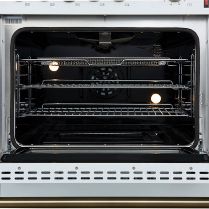 Giovanni 30-inch Gas Range White & Antique Brass Design, 5 Burners 67,000 BTU, 4.32 cu.ft. Convection Oven - Forno Appliances