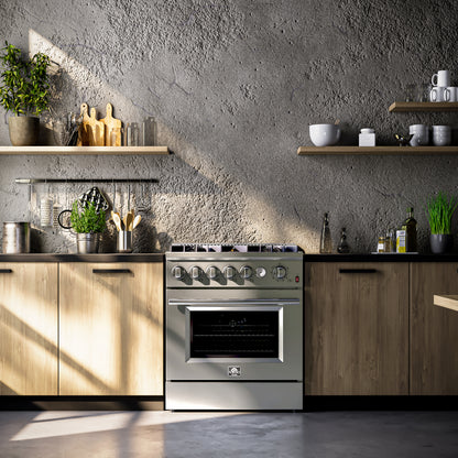 FORNO Giovanni 30-inch Gas Range Stainless Steel, 5 Burners 67,000 BTU, 4.32 cu.ft. Convection Oven - Forno Appliances