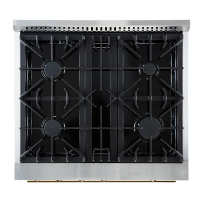 Marco 30-inch Gas Range Black & Antique Brass Design, 4 Burners 37,000 BTU, 4.32 cu.ft. Convection Oven - Forno Appliances
