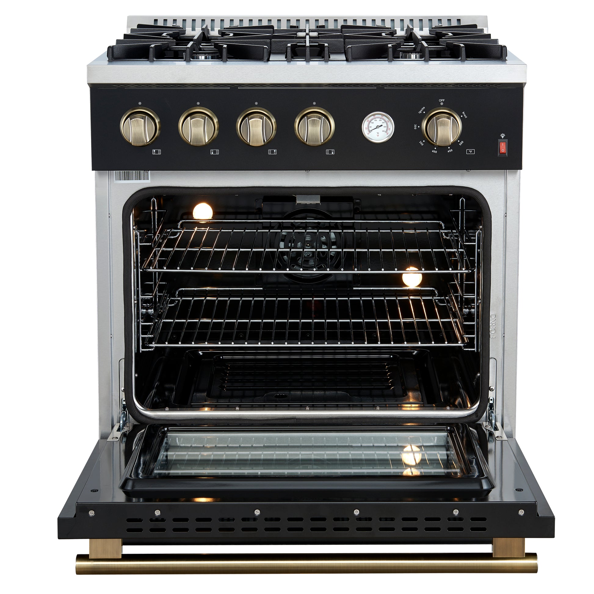 Marco 30-inch Gas Range Black & Antique Brass Design, 4 Burners 37,000 BTU, 4.32 cu.ft. Convection Oven - Forno Appliances