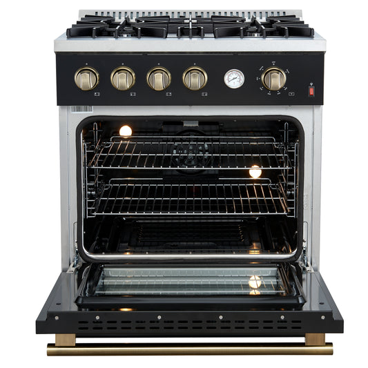 Marco 30-inch Gas Range Black & Antique Brass Design, 4 Burners 37,000 BTU, 4.32 cu.ft. Convection Oven - Forno Appliances