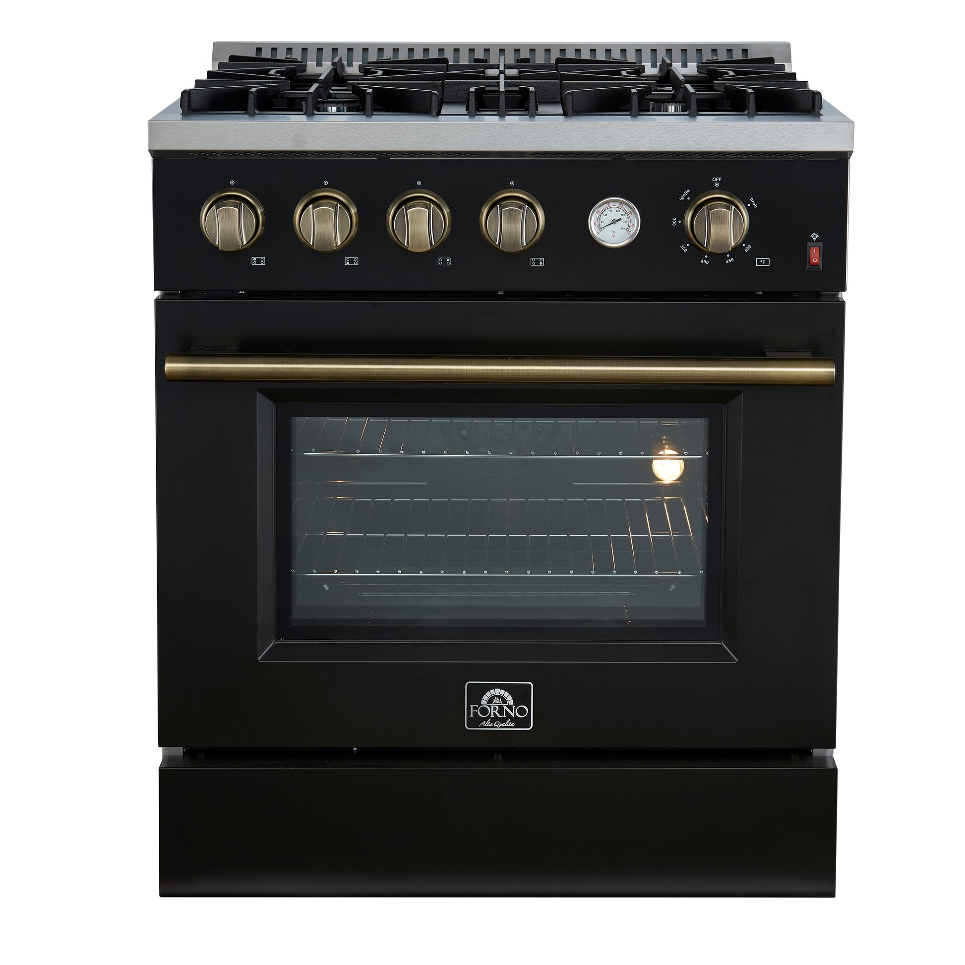 Marco 30-inch Gas Range Black & Antique Brass Design, 4 Burners 37,000 BTU, 4.32 cu.ft. Convection Oven - Forno Appliances