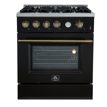 Marco 30-inch Gas Range Black & Antique Brass Design, 4 Burners 37,000 BTU, 4.32 cu.ft. Convection Oven - Forno Appliances