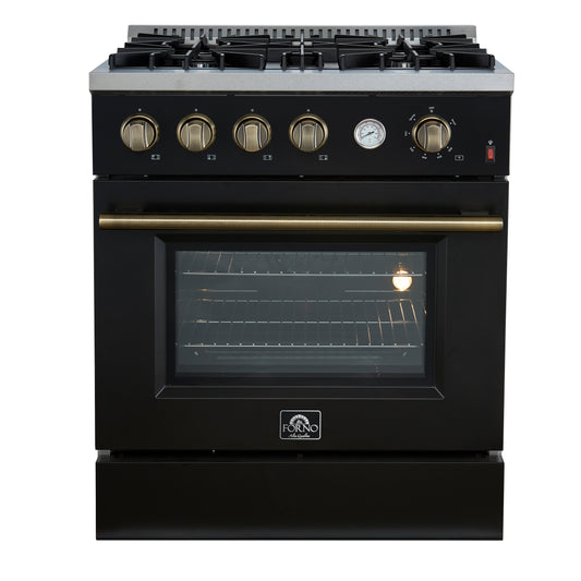 Marco 30-inch Gas Range Black & Antique Brass Design, 4 Burners 37,000 BTU, 4.32 cu.ft. Convection Oven - Forno Appliances