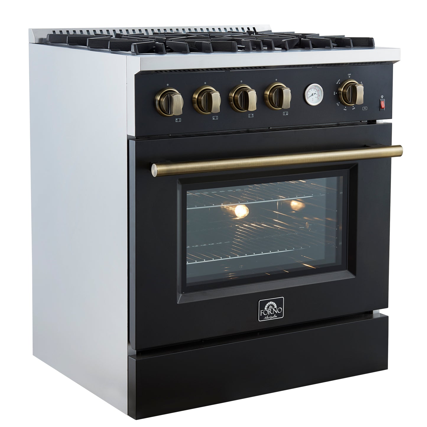 Marco 30-inch Gas Range Black & Antique Brass Design, 4 Burners 37,000 BTU, 4.32 cu.ft. Convection Oven - Forno Appliances