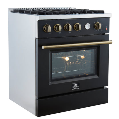 Marco 30-inch Gas Range Black & Antique Brass Design, 4 Burners 37,000 BTU, 4.32 cu.ft. Convection Oven - Forno Appliances