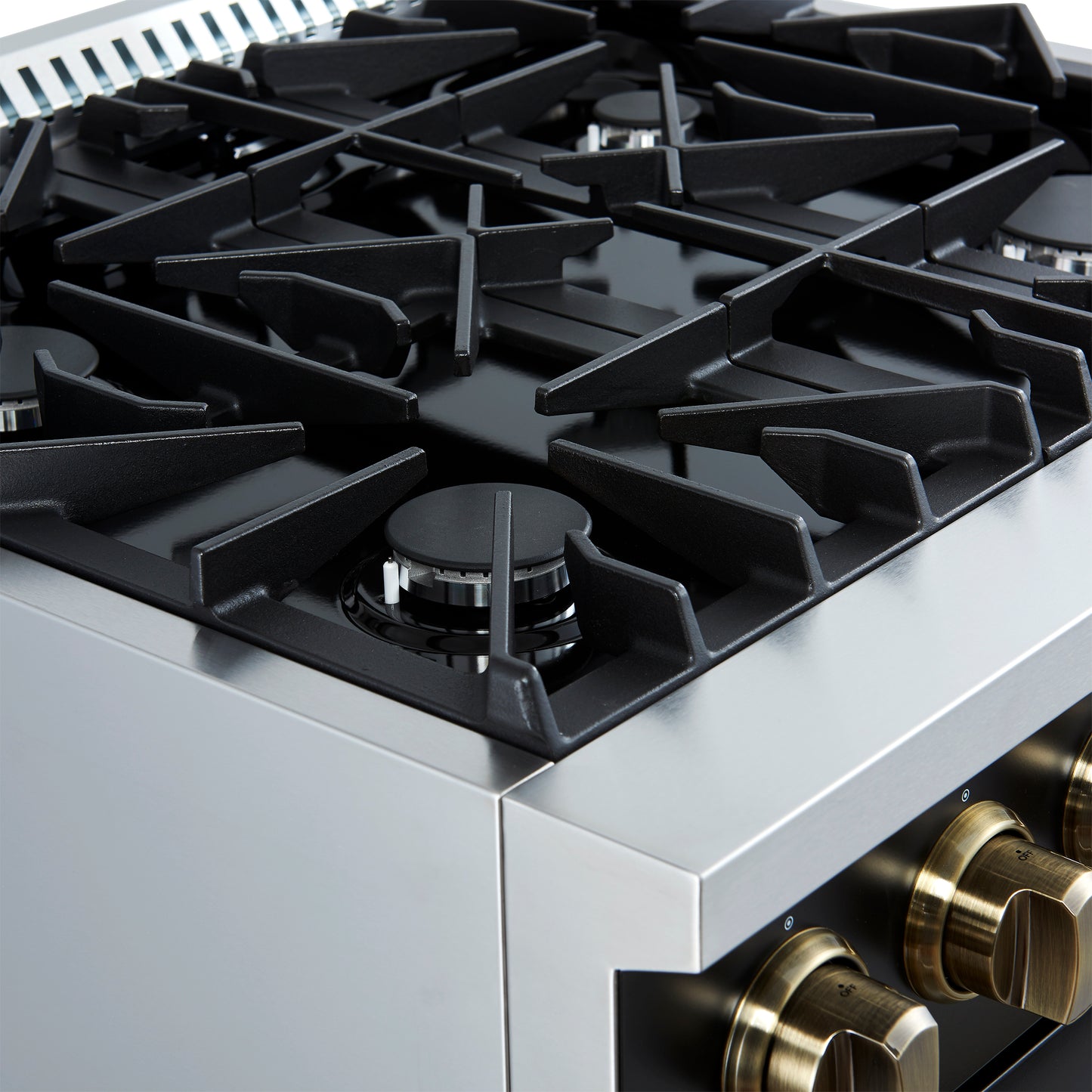 Marco 30-inch Gas Range Black & Antique Brass Design, 4 Burners 37,000 BTU, 4.32 cu.ft. Convection Oven - Forno Appliances