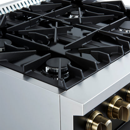 Marco 30-inch Gas Range Black & Antique Brass Design, 4 Burners 37,000 BTU, 4.32 cu.ft. Convection Oven - Forno Appliances