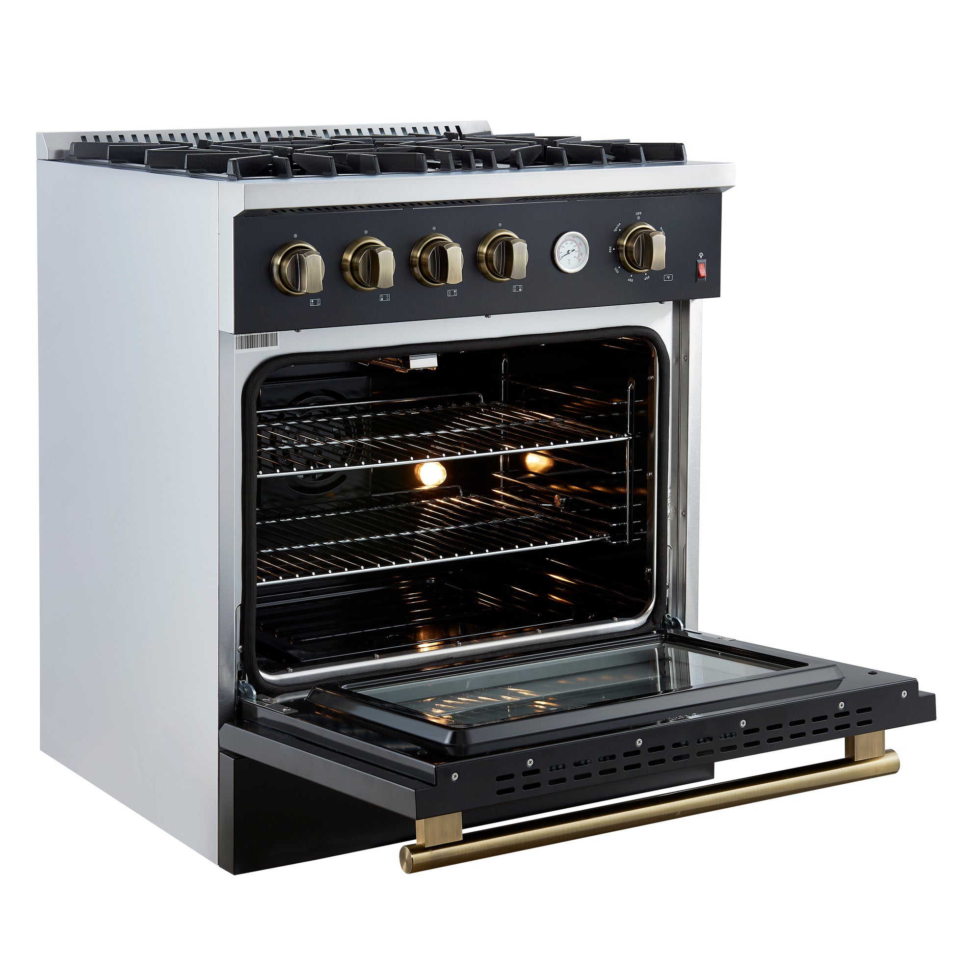 Marco 30-inch Gas Range Black & Antique Brass Design, 4 Burners 37,000 BTU, 4.32 cu.ft. Convection Oven - Forno Appliances