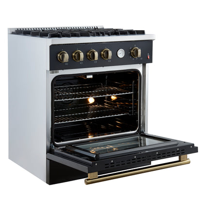 Marco 30-inch Gas Range Black & Antique Brass Design, 4 Burners 37,000 BTU, 4.32 cu.ft. Convection Oven - Forno Appliances