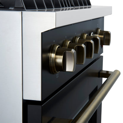Marco 30-inch Gas Range Black & Antique Brass Design, 4 Burners 37,000 BTU, 4.32 cu.ft. Convection Oven - Forno Appliances