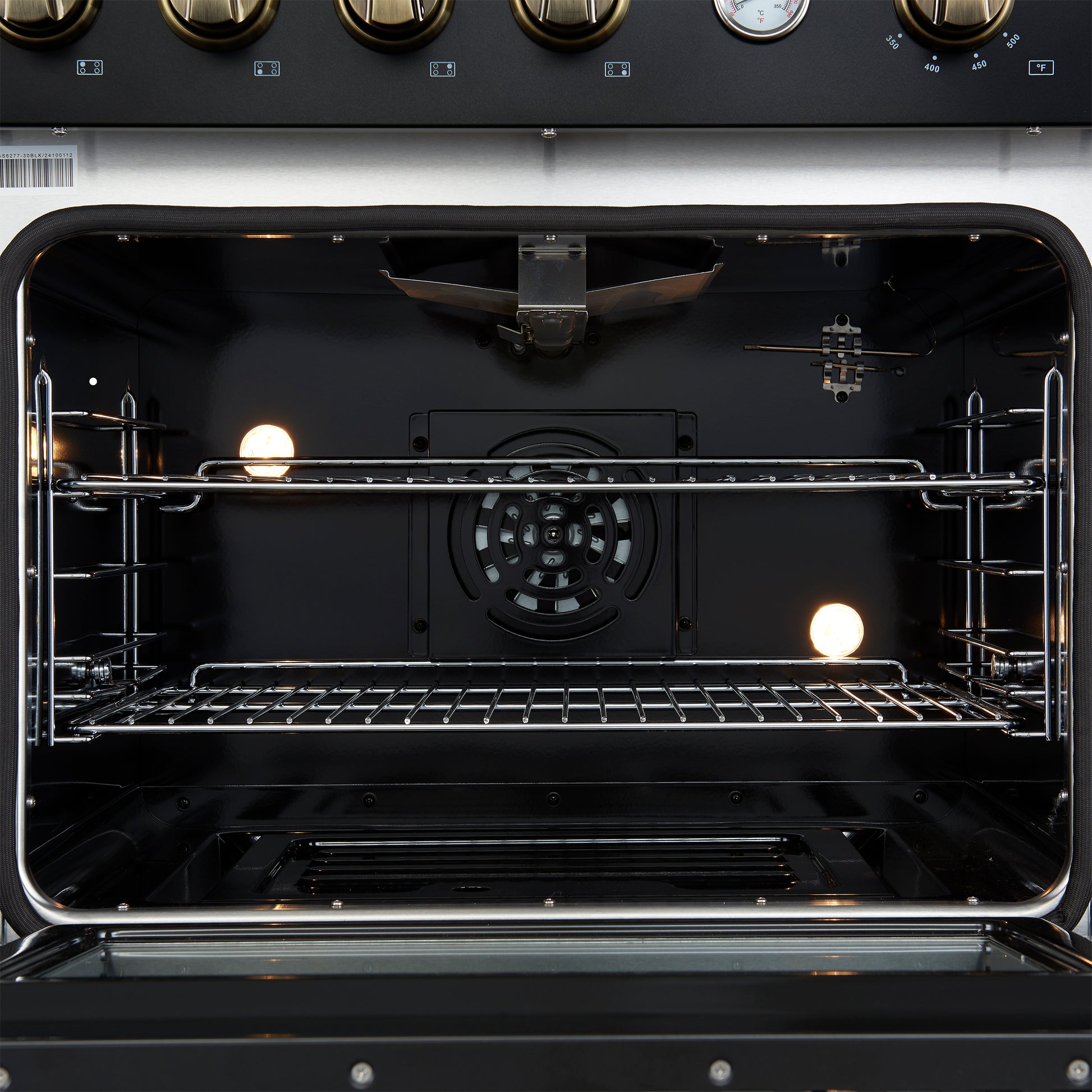 Marco 30-inch Gas Range Black & Antique Brass Design, 4 Burners 37,000 BTU, 4.32 cu.ft. Convection Oven - Forno Appliances