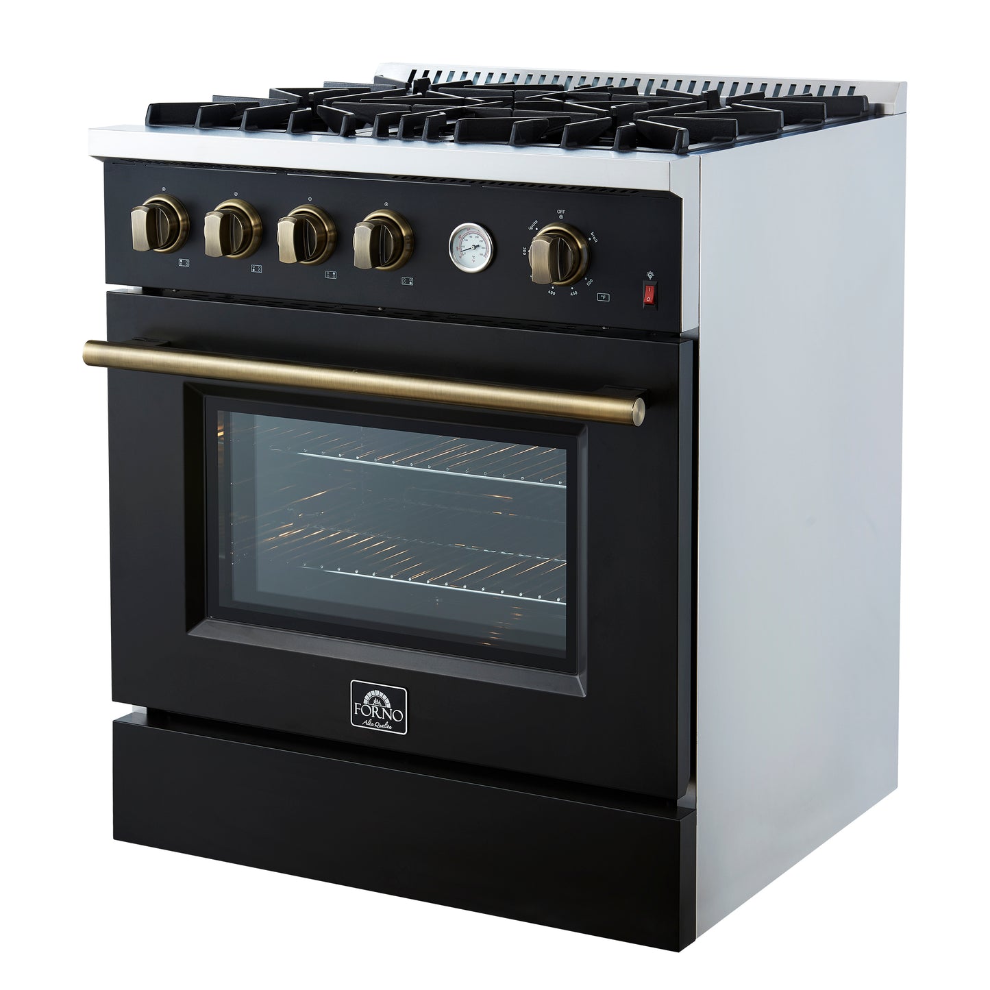 Marco 30-inch Gas Range Black & Antique Brass Design, 4 Burners 37,000 BTU, 4.32 cu.ft. Convection Oven - Forno Appliances