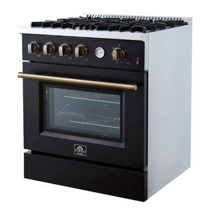 Marco 30-inch Gas Range Black & Antique Brass Design, 4 Burners 37,000 BTU, 4.32 cu.ft. Convection Oven - Forno Appliances