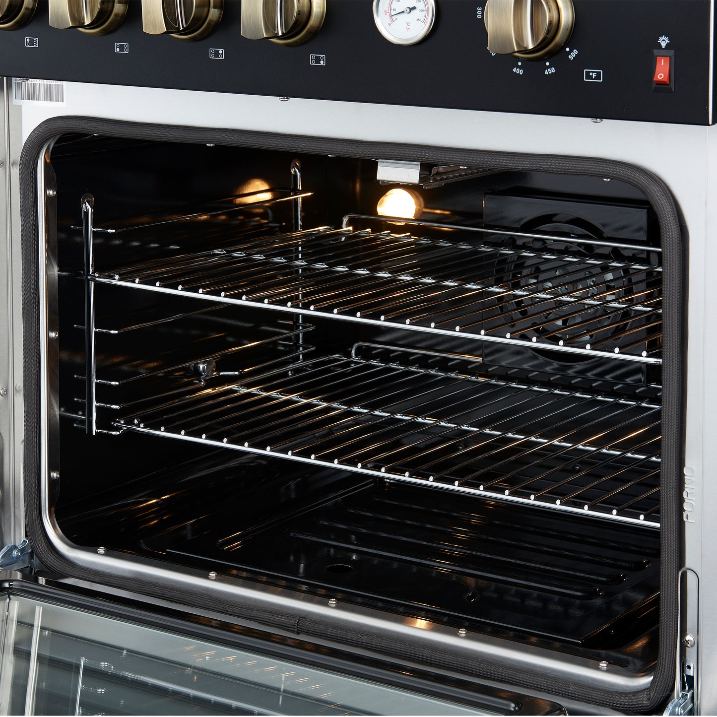Marco 30-inch Gas Range Black & Antique Brass Design, 4 Burners 37,000 BTU, 4.32 cu.ft. Convection Oven - Forno Appliances