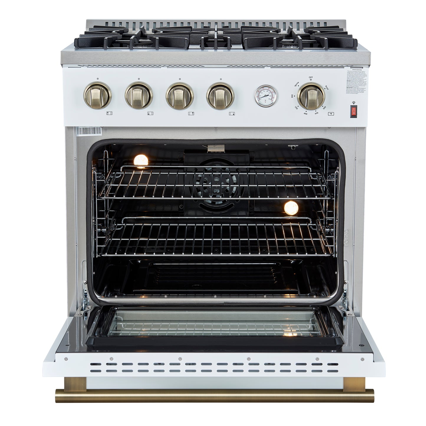 Marco 30-inch Gas Range White & Antique Brass Design, 4 Burners 37,000 BTU, 4.32 cu.ft. Convection Oven - Forno Appliances