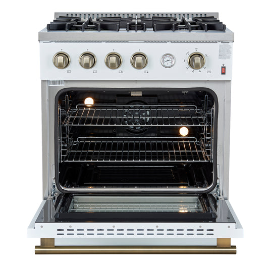 Marco 30-inch Gas Range White & Antique Brass Design, 4 Burners 37,000 BTU, 4.32 cu.ft. Convection Oven - Forno Appliances