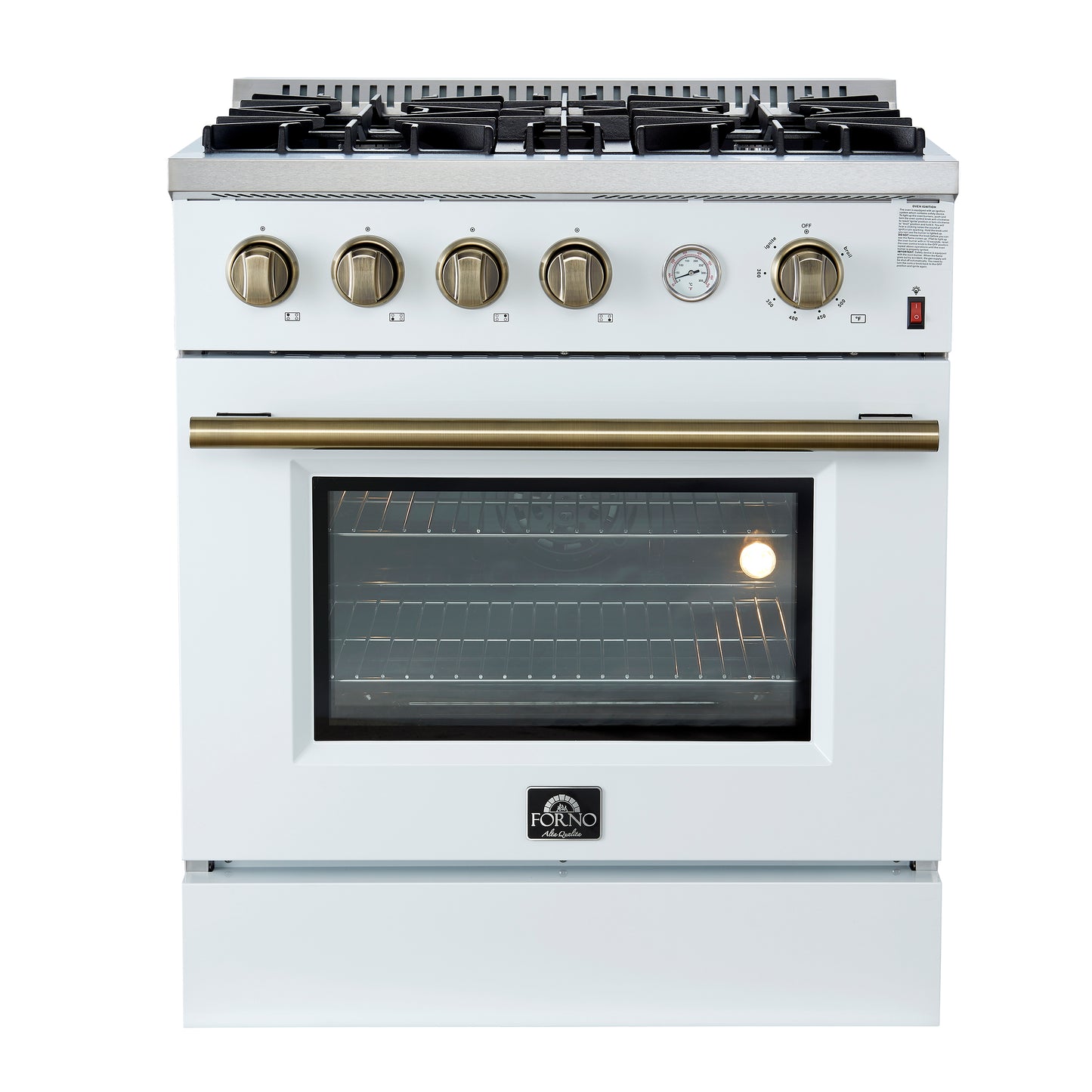 Marco 30-inch Gas Range White & Antique Brass Design, 4 Burners 37,000 BTU, 4.32 cu.ft. Convection Oven - Forno Appliances