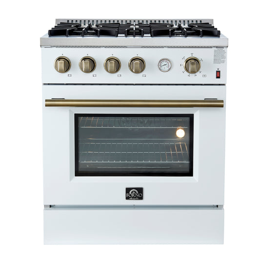 Marco 30-inch Gas Range White & Antique Brass Design, 4 Burners 37,000 BTU, 4.32 cu.ft. Convection Oven - Forno Appliances