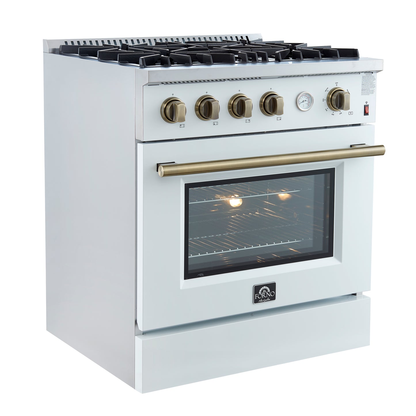 Marco 30-inch Gas Range White & Antique Brass Design, 4 Burners 37,000 BTU, 4.32 cu.ft. Convection Oven - Forno Appliances