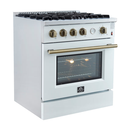 Marco 30-inch Gas Range White & Antique Brass Design, 4 Burners 37,000 BTU, 4.32 cu.ft. Convection Oven - Forno Appliances
