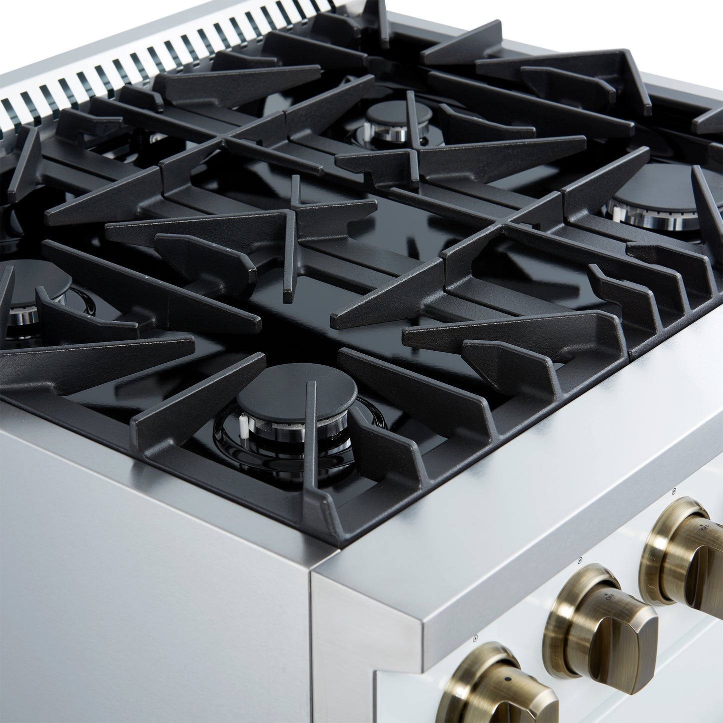 Marco 30-inch Gas Range White & Antique Brass Design, 4 Burners 37,000 BTU, 4.32 cu.ft. Convection Oven - Forno Appliances